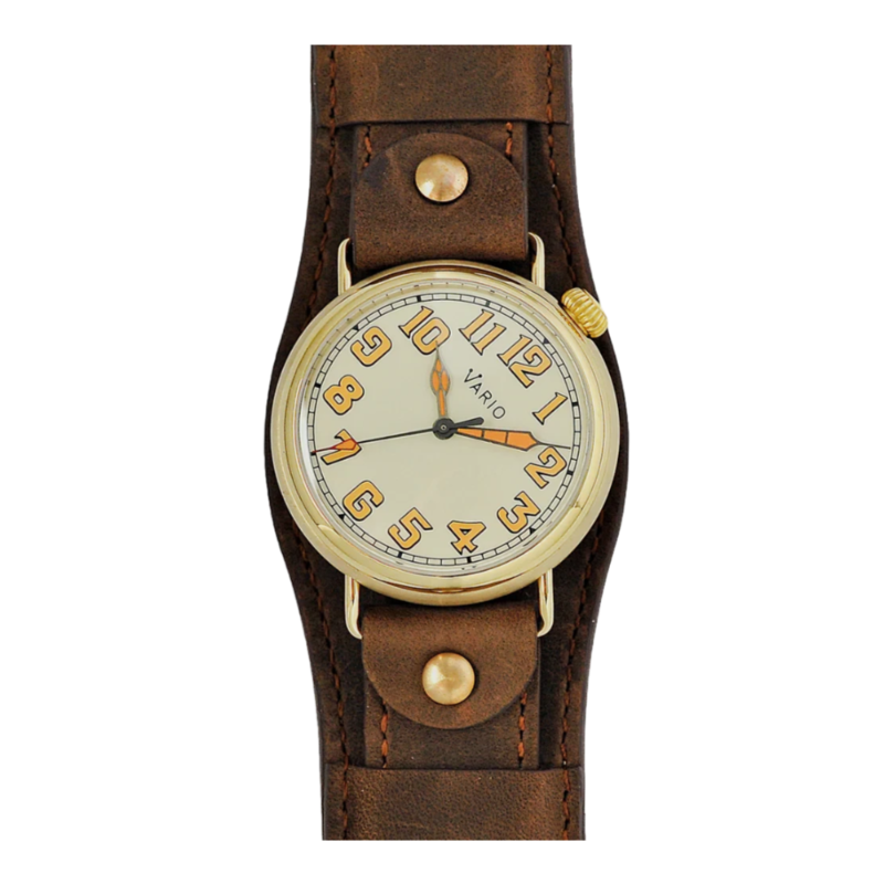 Vario 1918 Pilot horloge met messing crèmekleurige wijzerplaat en oranje lume