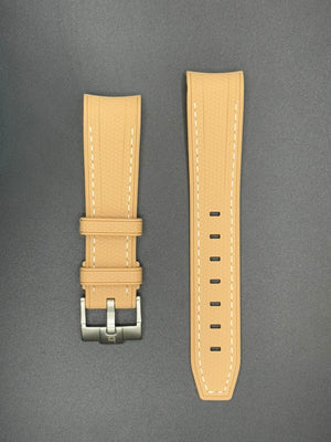 Kameelkleurige rubberen band met witte stiksels voor MoonSwatch- en Omega-horloges